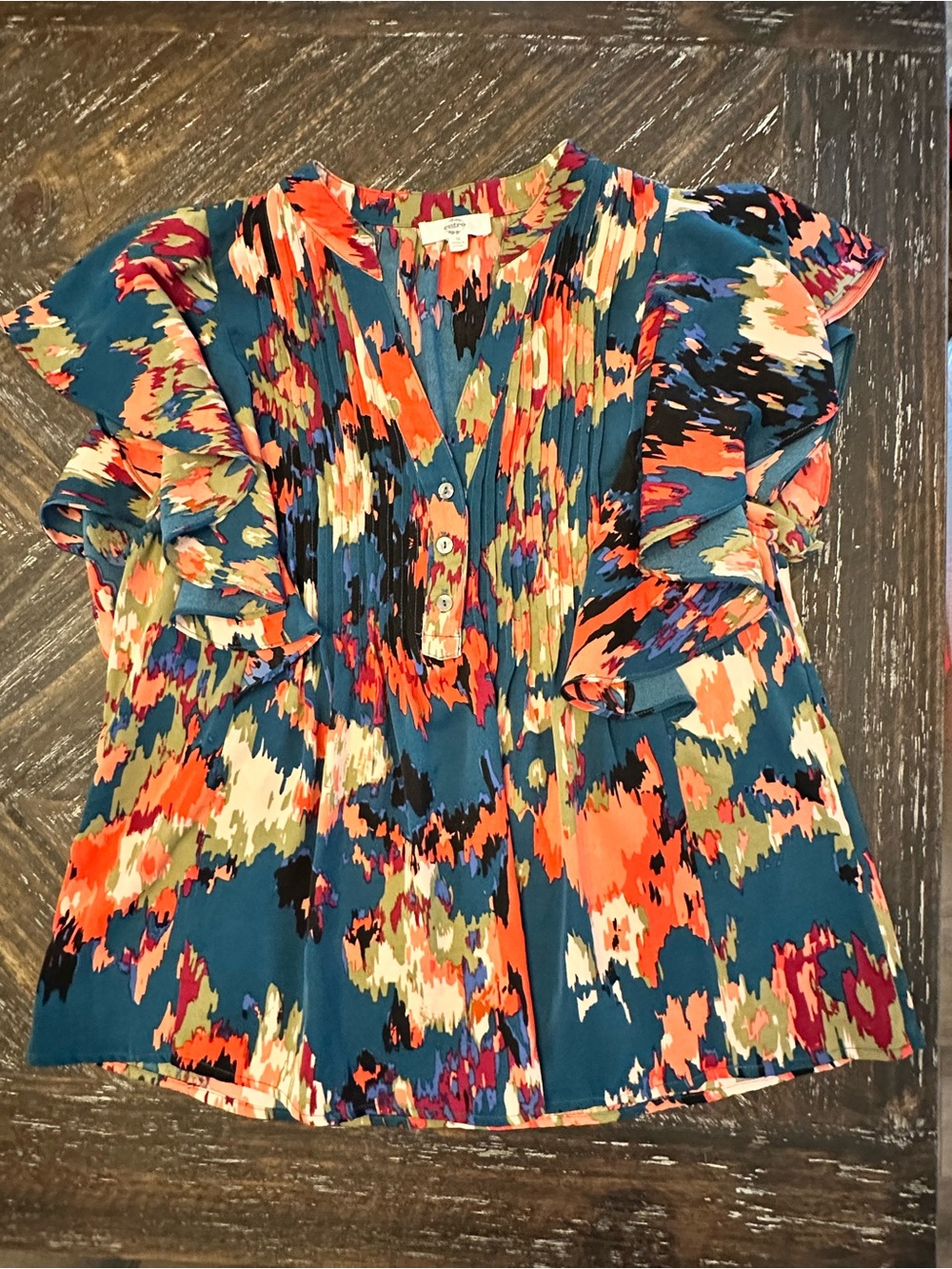 entro Teal Multicolor Abstract Floral Ruffle Sleeve Blouse